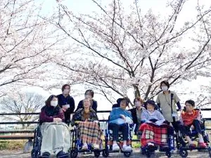 満開の桜の下で皆で、利用者とスタッフとで集合写真